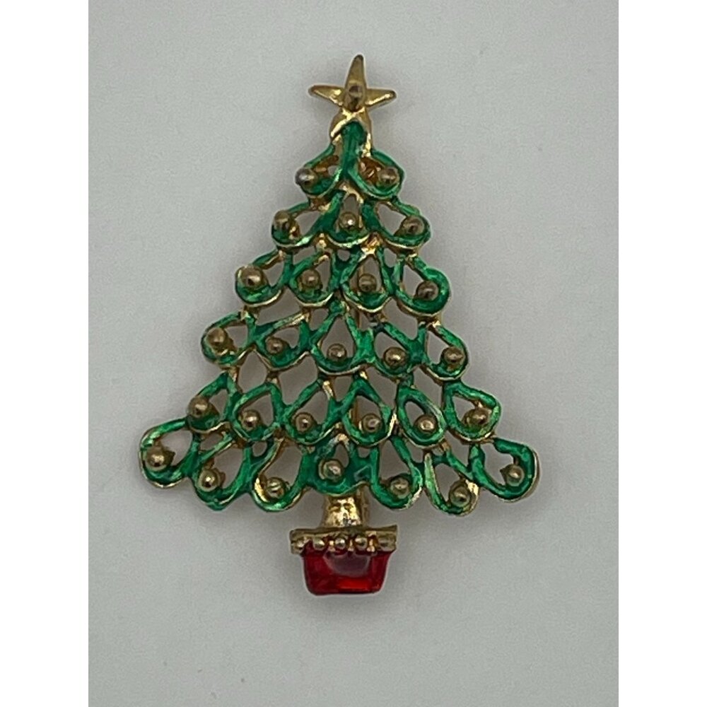 Christmas Tree 2.5" Brooch Green Red Gold Tone